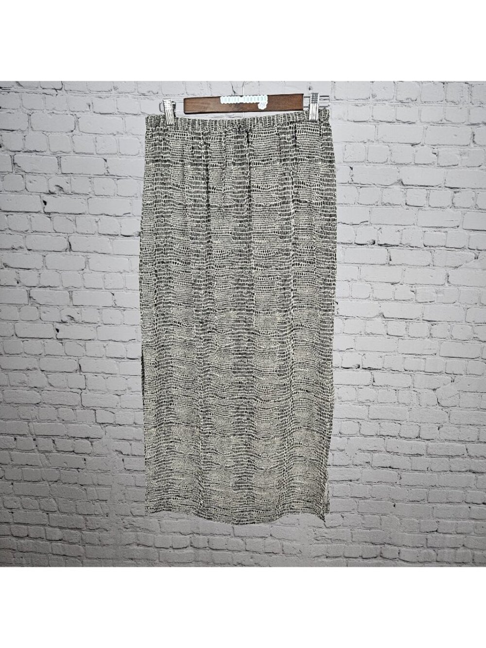 Allison Taylor Beige Brown 100% Silk Animal Print Side Slits Midi Skirt Small S